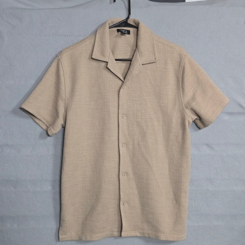 Men S Waffle Knit Camp Shirt Beige Tan Short Sleeve Button Up Forever 21